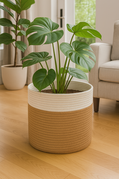 Zweifarbiger, handgewebter Pflanzenkorb